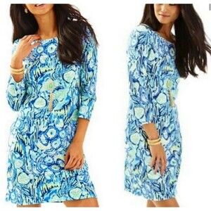 Lilly Pulitzer Dress M Marlowe Indigo Blue Sunset Paisley Floral Shirt Dress